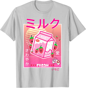 Strawberry Milk Carton Kawaii Pink Aesthetic Otaku Japanese T-Shirt - T-Shirt | Ash