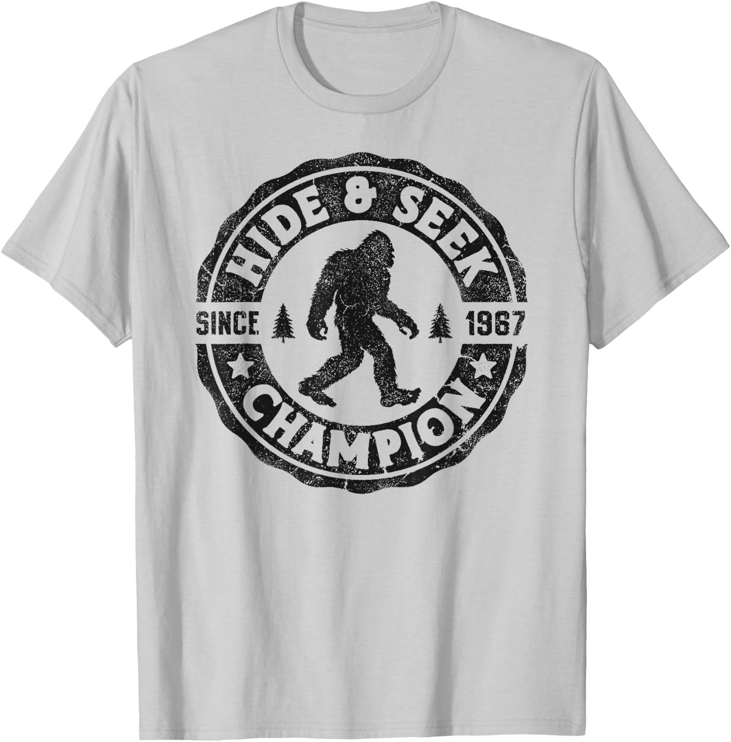 Bigfoot Hide And Seek Champion Funny Sasquatch Retro Vintage T-Shirt - T-Shirt | Ash