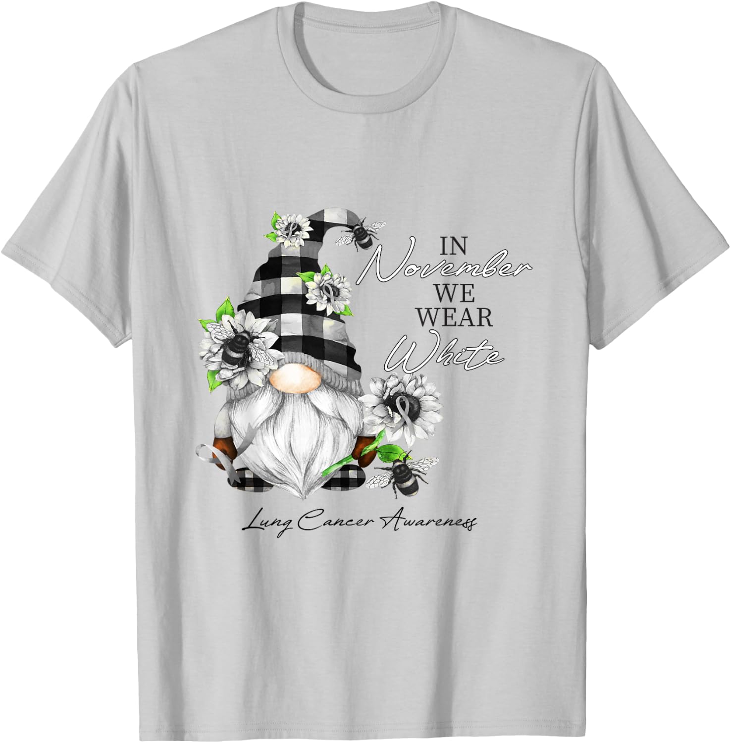 In November We Wear White for Lung Cancer Awareness Gnome T-Shirt - T-Shirt | Ash