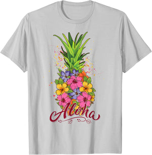 Hibiscus Aloha Hawaiian Pineapple Teen Girls Youth T-Shirt - T-Shirt | Ash
