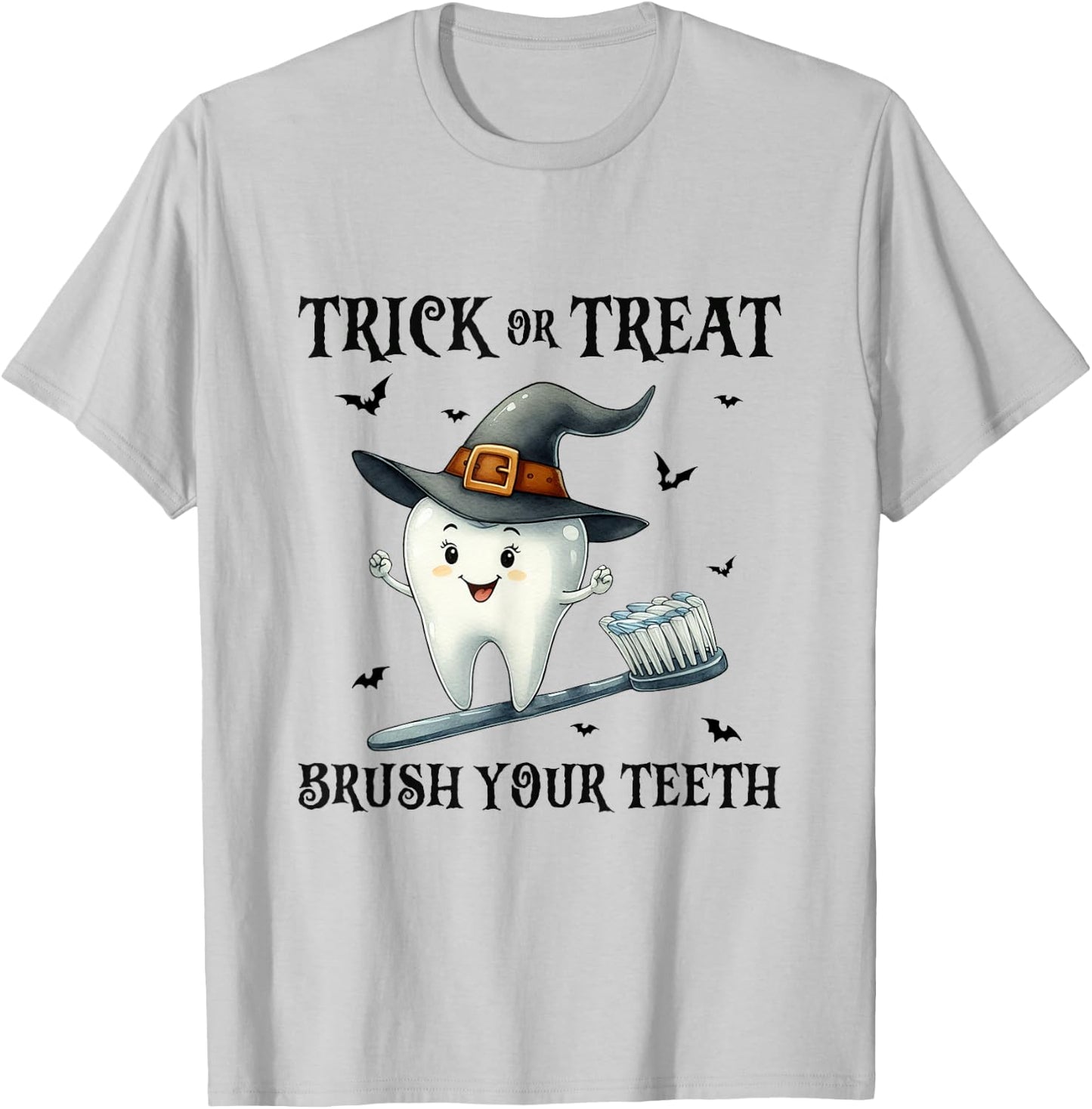 Trick Or Treat Brush Your Teeth Retro Witch Funny Halloween T-Shirt - T-Shirt | Ash