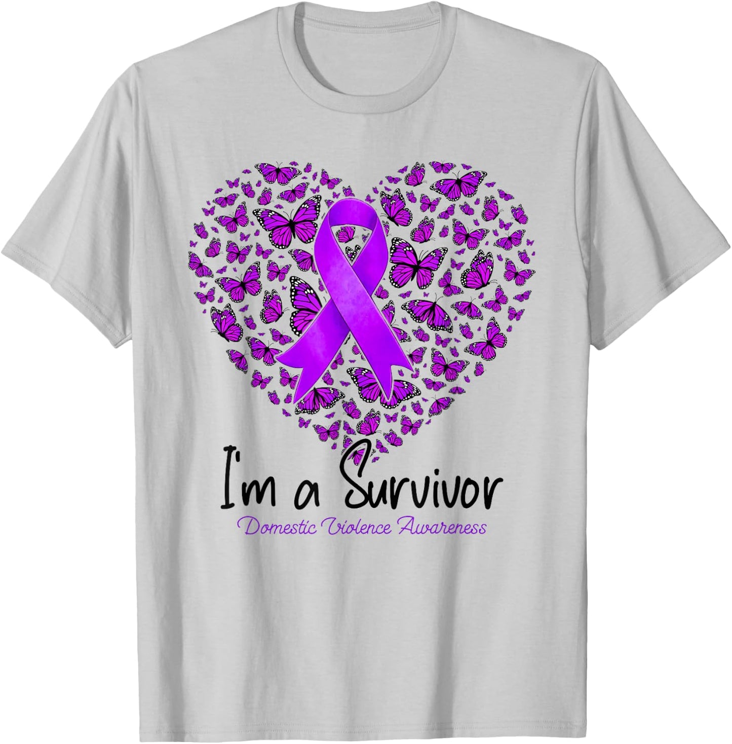 Purple Butterfly Heart I'm A Survivor Domestic Violence T-Shirt - T-Shirt | Ash