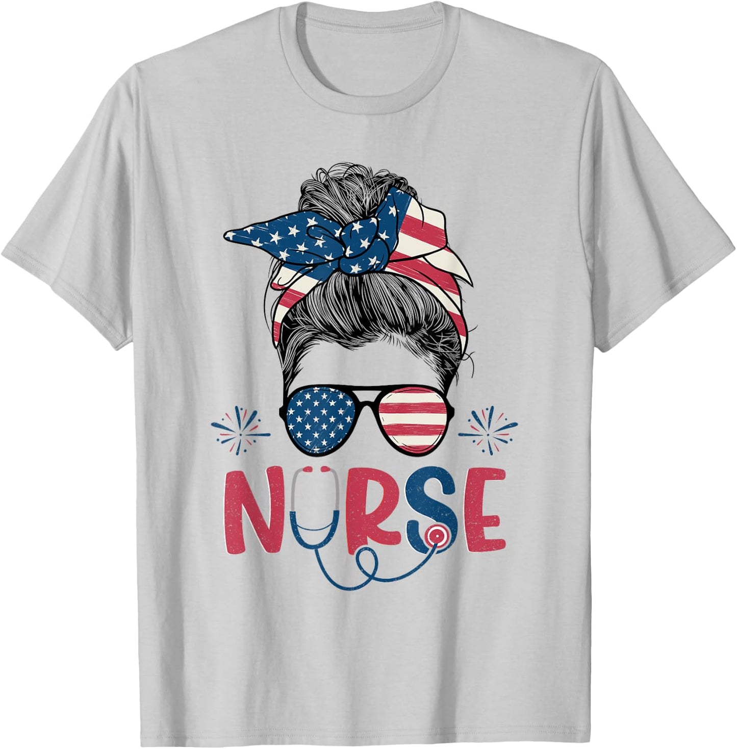 American Flag Patriotic Nurse Messy Bun 4th Of July Nurse Kids Men T-Shirt - T-Shirt | Ash