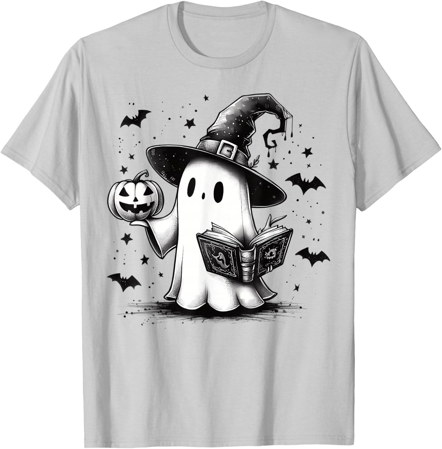 Bookish Ghost Witch Hat Reading Book Nerd Bookworm Literary T-Shirt - T-Shirt | Ash