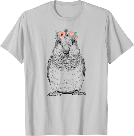 Quaker Parrot with Floral Headband Parrot Bird T-Shirt - T-Shirt | Ash