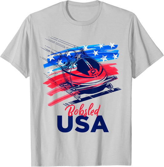 Bobsled USA Support the Team USA Flag Skeleton Winter T-Shirt - T-Shirt | Ash