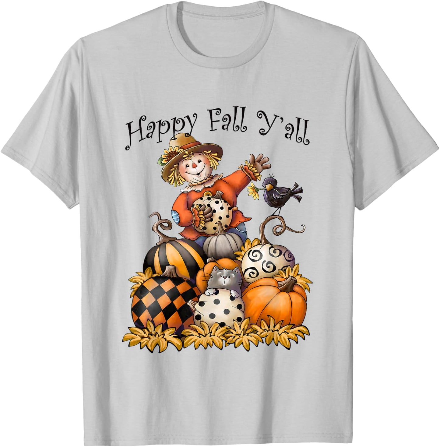 Scarecrow Happy Fall Y'all Pumpkin Thanksgiving Halloween T-Shirt - T-Shirt | Ash
