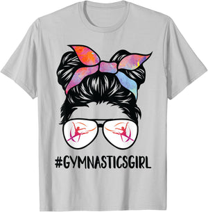 Gymnastics girl Messy Bun Hair glasses Gymnast Daughter her T-Shirt - T-Shirt | Ash