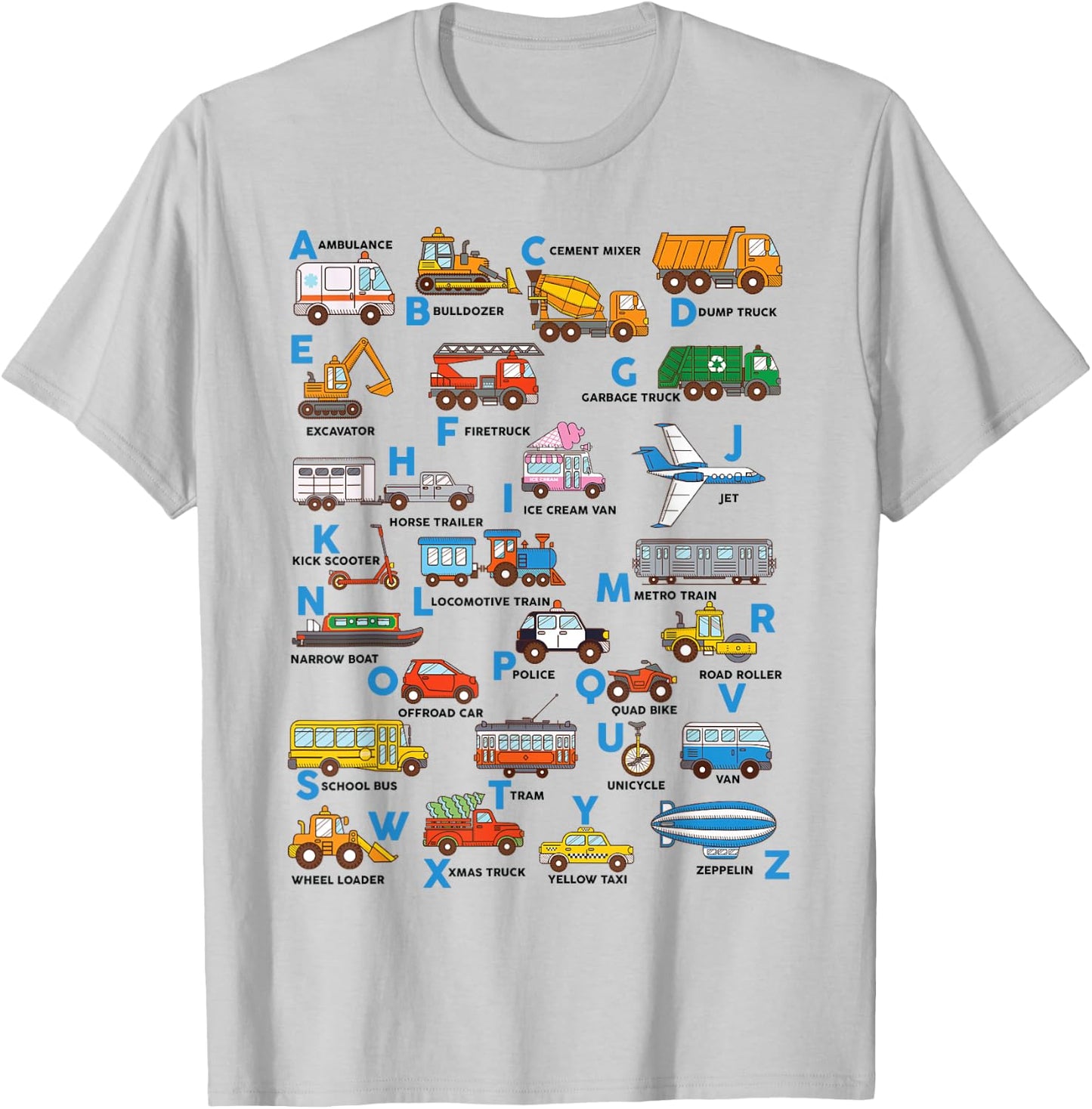 Alphabet Vehicles ABCs Learning Teachers Kids Boys Girls T-Shirt - T-Shirt | Ash