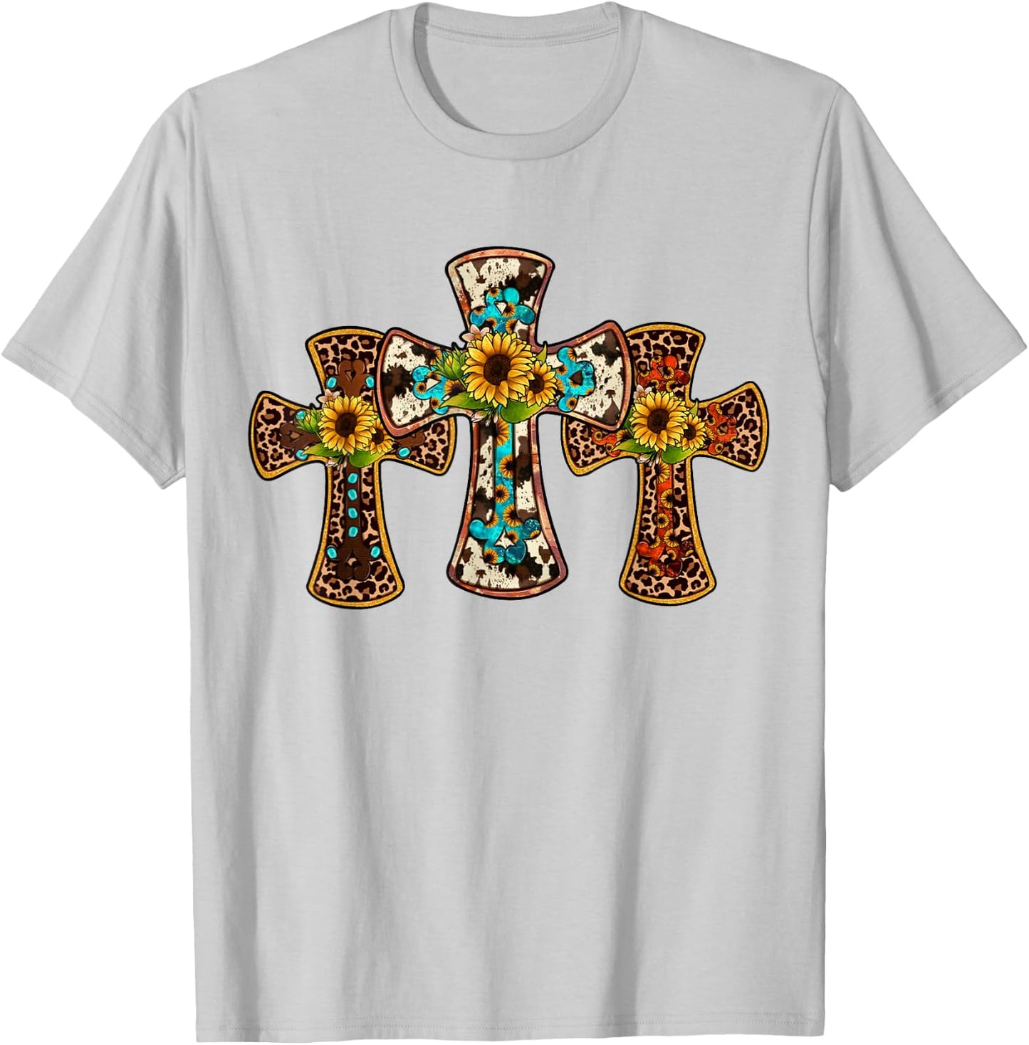 Western Cross Christian God Jesus Sunflower Cowhide T-Shirt - T-Shirt | Ash
