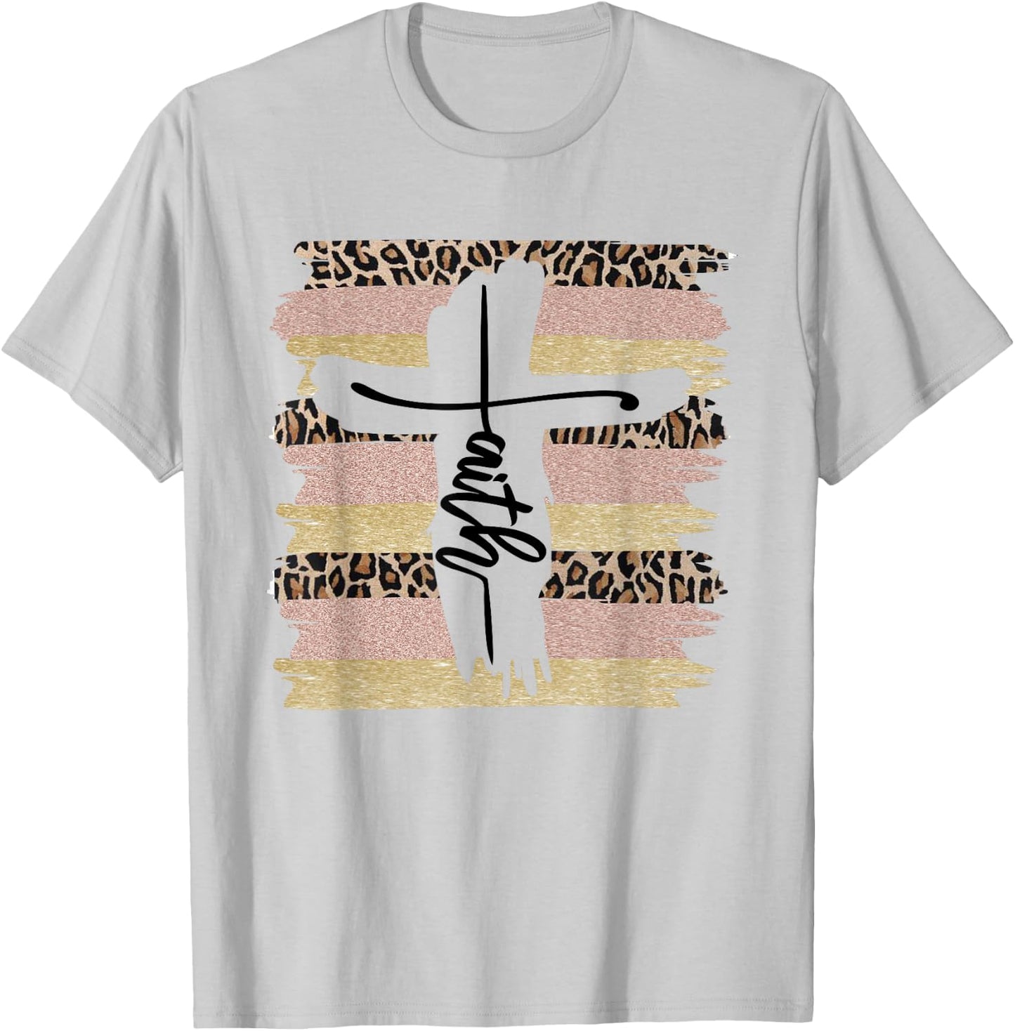 Christian Faith Leopard Cross Ombre Religious Cheetah T-Shirt - T-Shirt | Ash