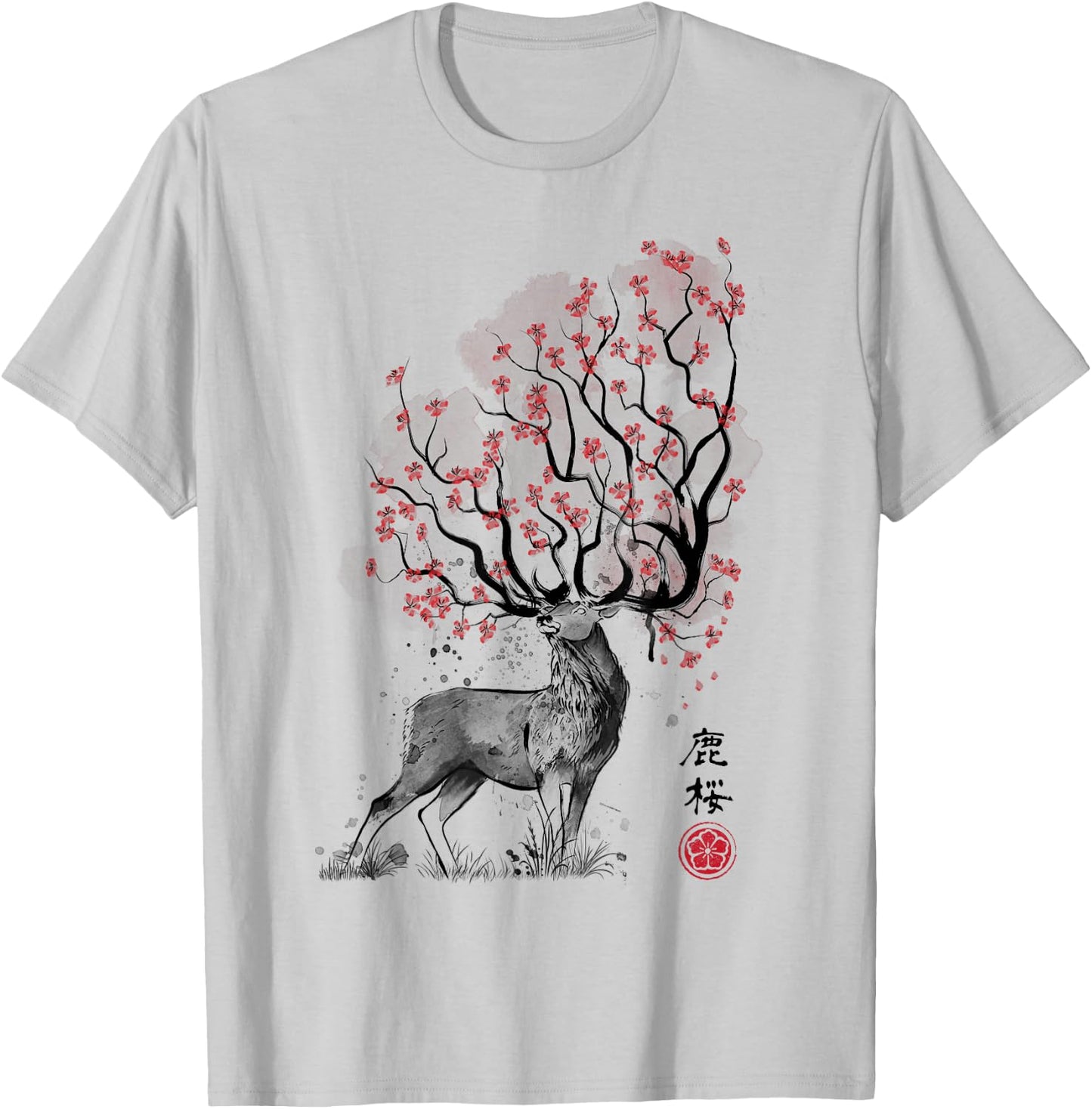 Sakura Deer tree japan sumi-e art T-Shirt - T-Shirt | Ash