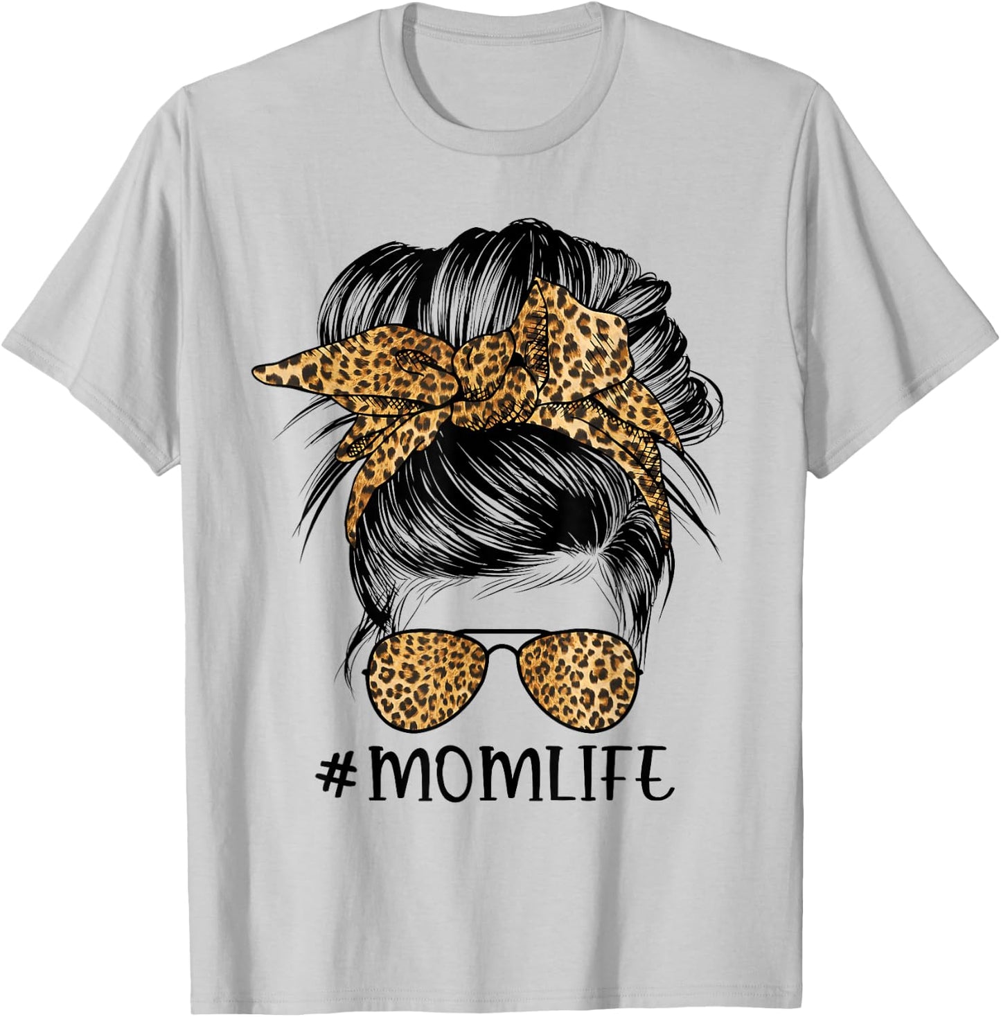 Mom Life Messy Bun Hair Bandana Leopard Print T-Shirt - T-Shirt | Ash