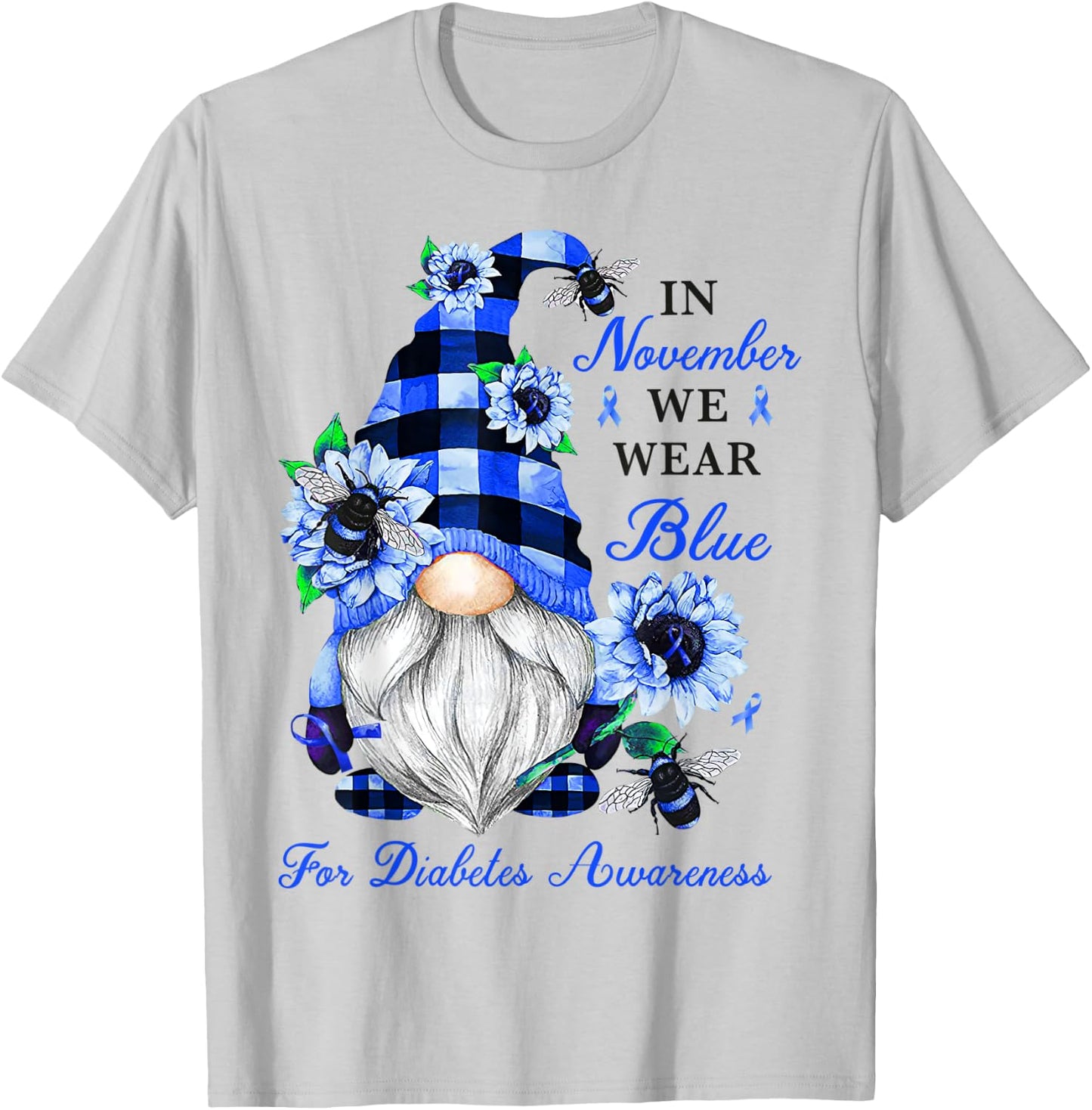 Gnome Diabetic November Diabetes Month Ribbon Blue Awareness T-Shirt - T-Shirt | Ash