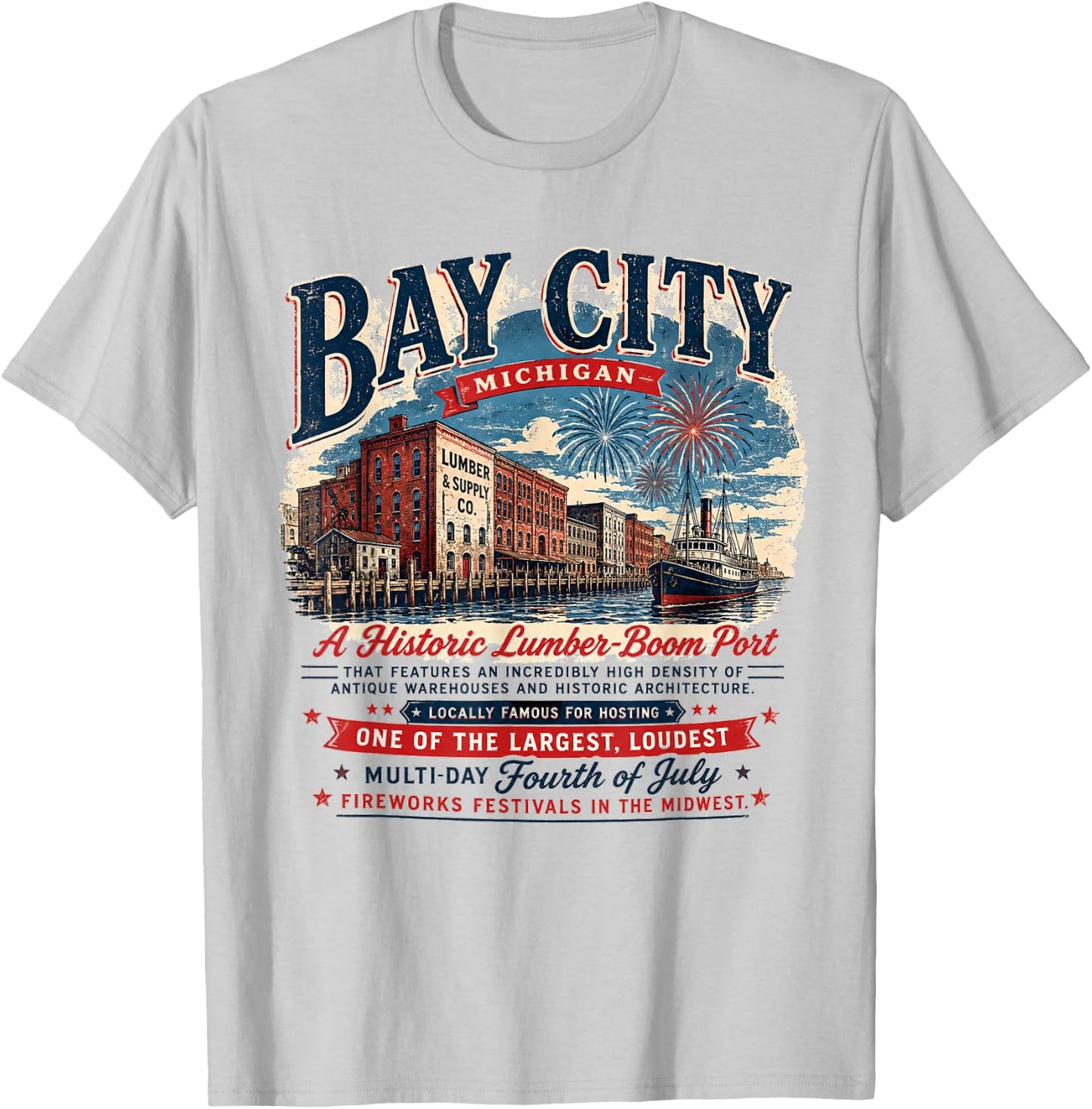 Bay City Michigan - Lumber Boom Port - 4th of July Patriotic T-Shirt - T-Shirt | Ash