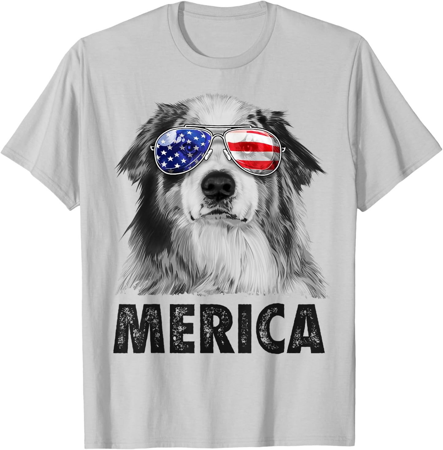 Aussie Australian Shepherd 4th of July Merica American Flag T-Shirt - T-Shirt | Ash