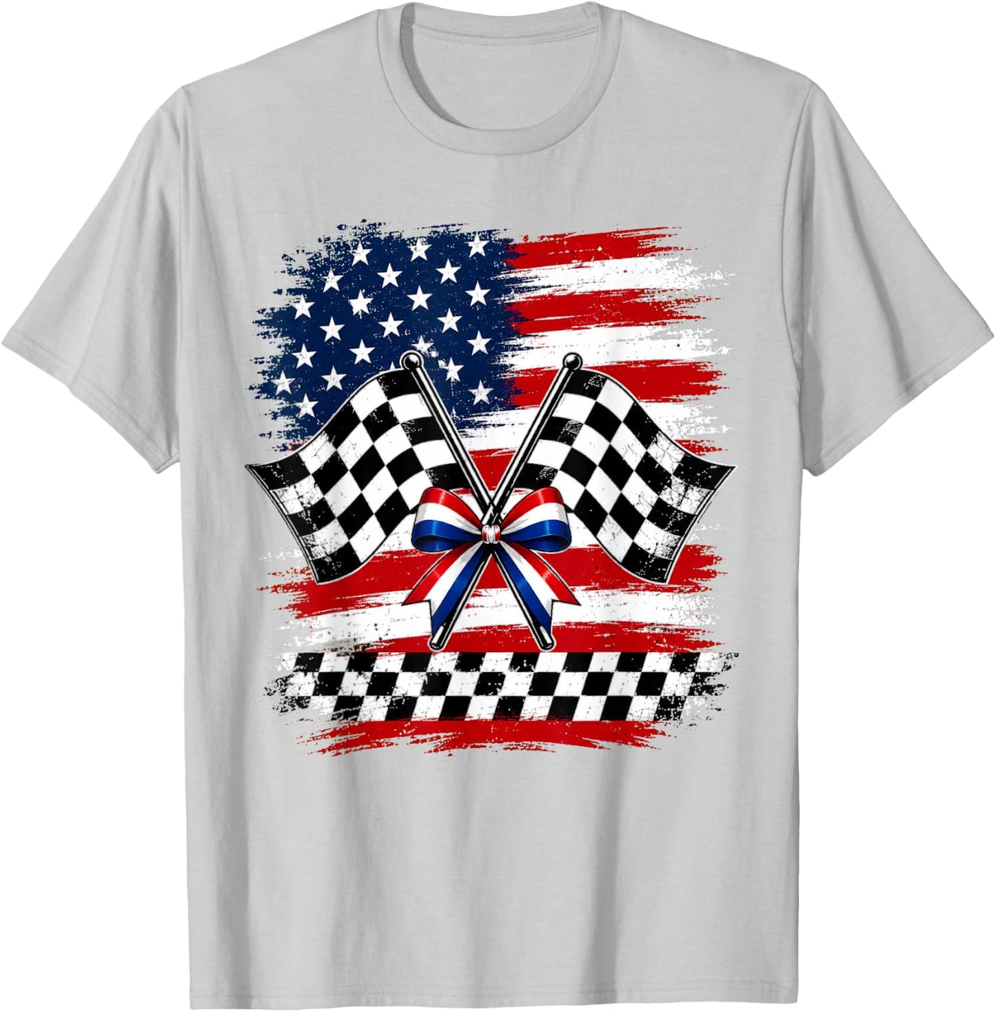 4th of July USA Patriotic Racing Flags Checkered Race Day T-Shirt - T-Shirt | Ash