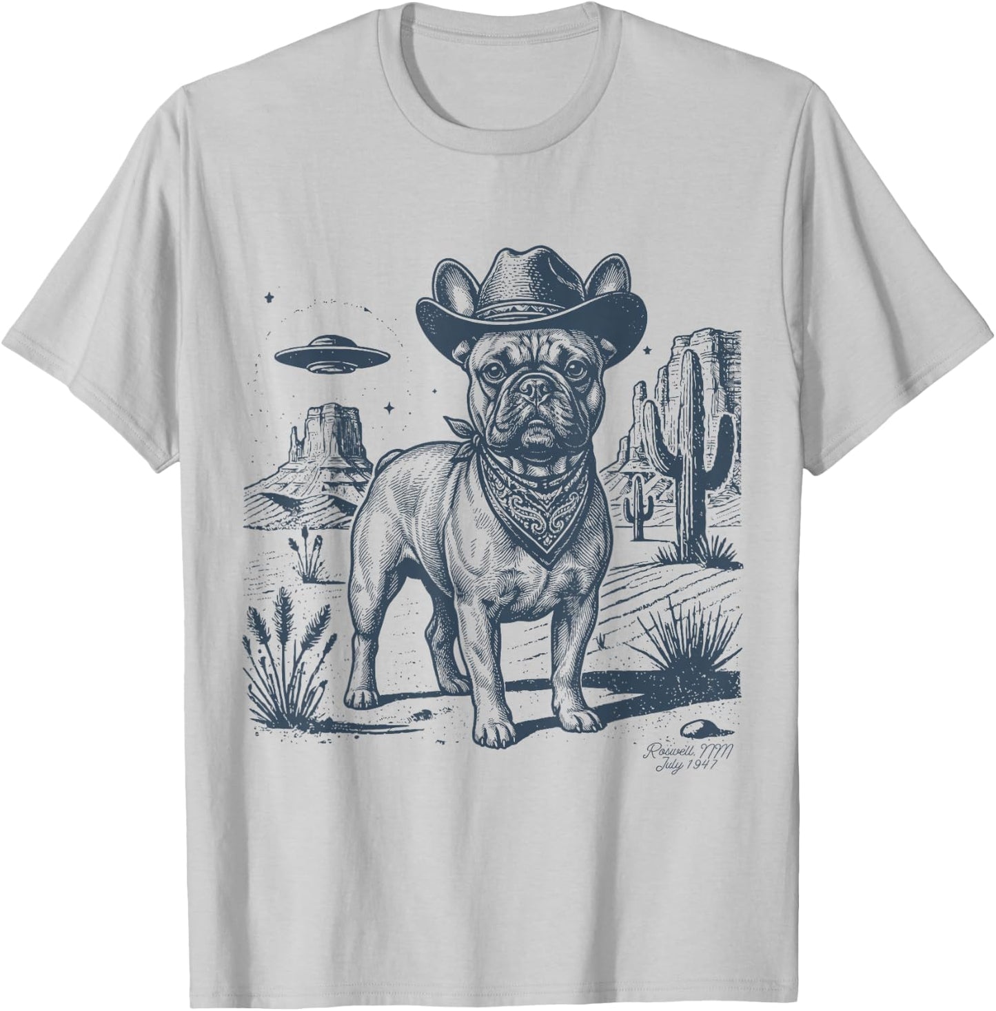 Vintage Alien UFO Western Cowboy French Bulldog Dog Desert T-Shirt - T-Shirt | Ash