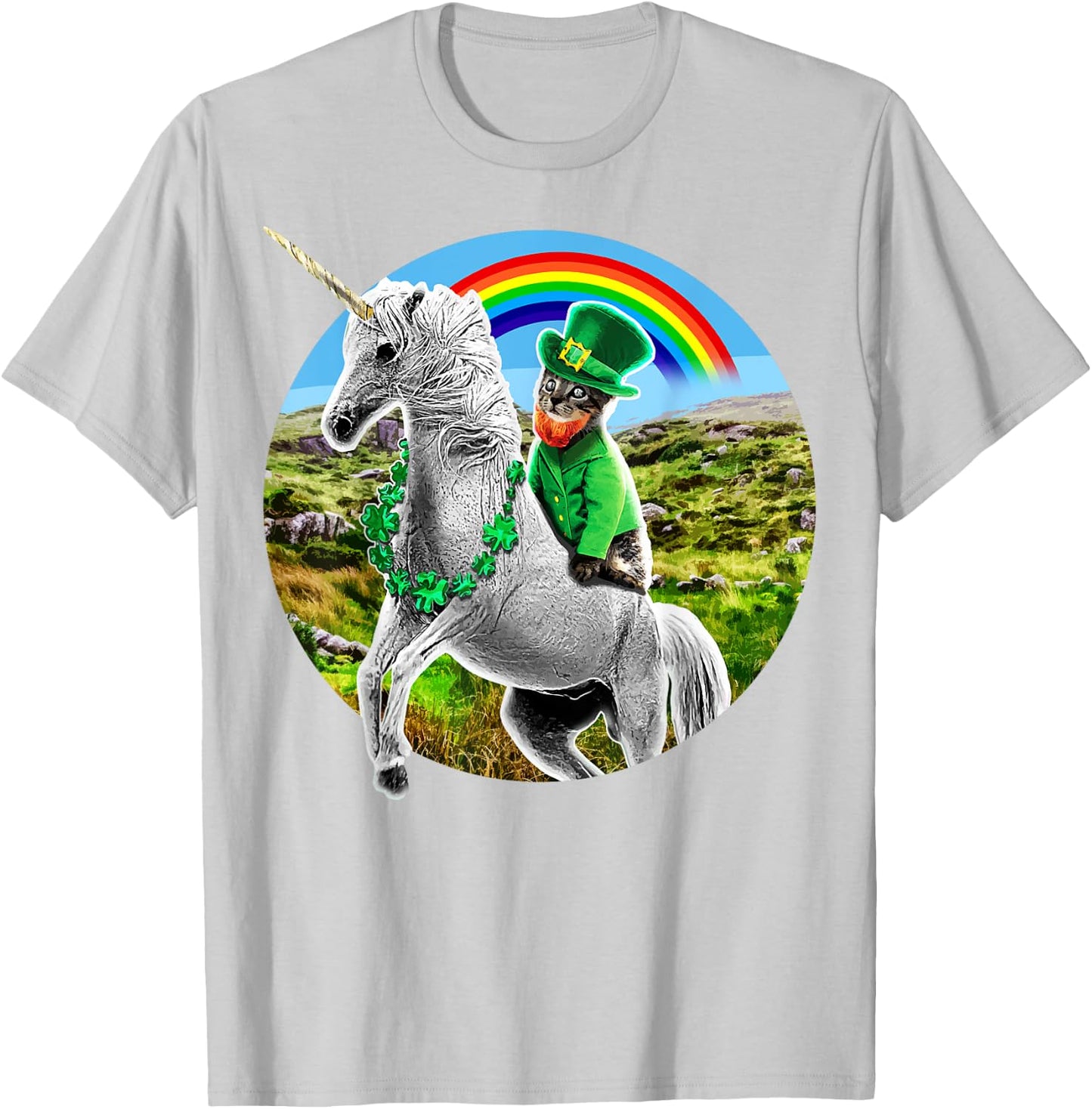 St. Patricks Day Unicorn Rainbow Leprechaun Cat Shirt Gift T-Shirt - T-Shirt | Ash