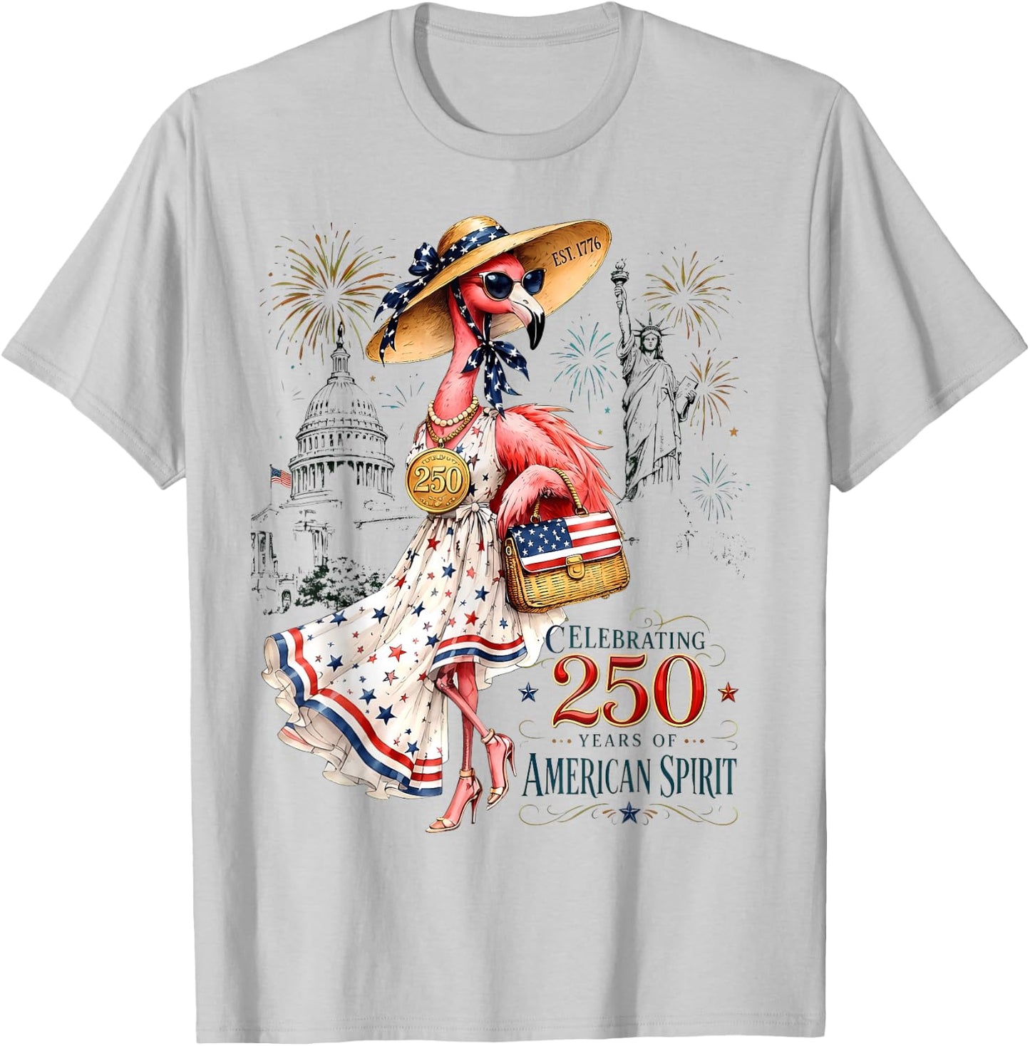 Patriotic Flamingo 250 Years American Spirit T-Shirt - T-Shirt | Ash