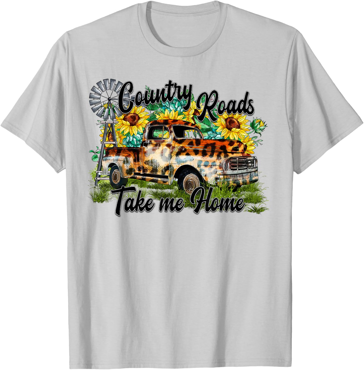 Country Roads Leopard Truck Sunflower Windmill Western T-Shirt - T-Shirt | Ash