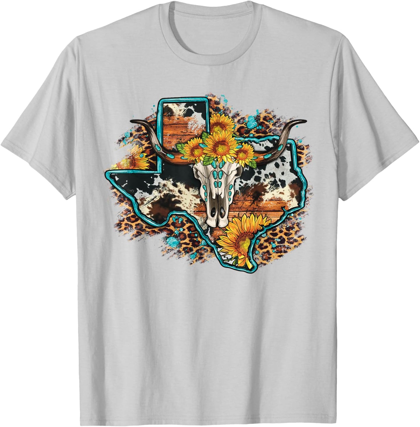 Bull Skull Leopard Cowhide Sunflower Texas Map Western T-Shirt - T-Shirt | Ash