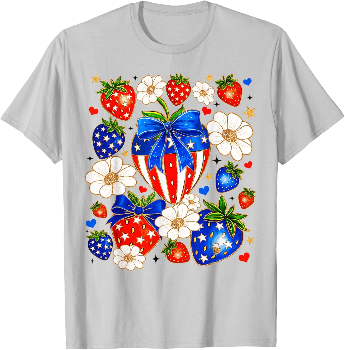Cute Strawberries Bow USA Flag Independence Day 4th Of July T-Shirt - T-Shirt | Ash