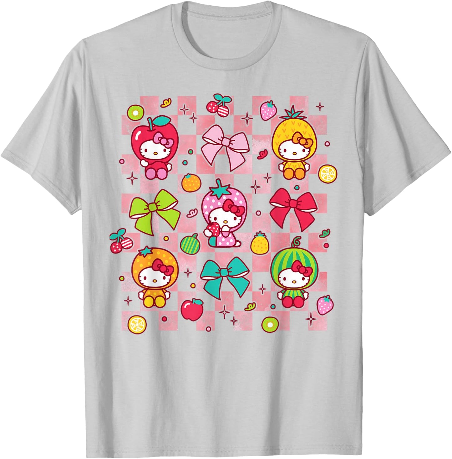 Hello Kitty Bows and Fruit Costumes Chekered Background T-Shirt - T-Shirt | Ash