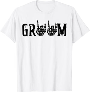 Groom Skeleton Hand Bride Halloween Wedding Bachelorette T-Shirt - T-Shirt | White