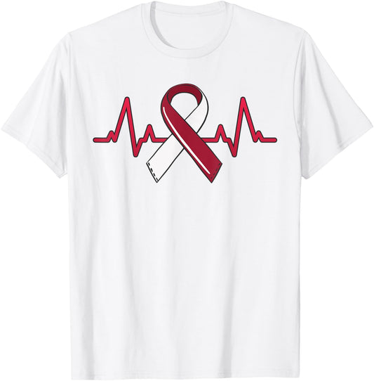 Oral Head And Neck Cancer Heartbeat Throat Burgundy Ribbon T-Shirt - T-Shirt | White