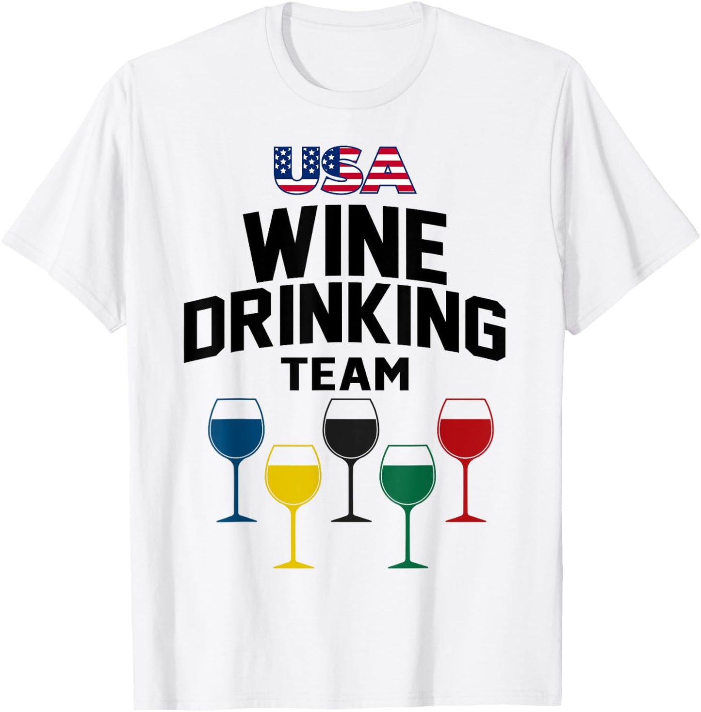 Funny Wine USA Drinking Team 5 Rings Colors Flag T-Shirt - T-Shirt | White