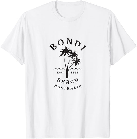Retro Cool Bondi Beach Australia Vintage Palm Tree Novelty T-Shirt - T-Shirt | White