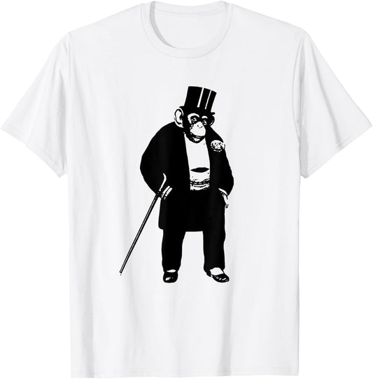 FUNNY CHIMP IN A SUIT -ape - monkey - top hat - cane T-Shirt - T-Shirt | White