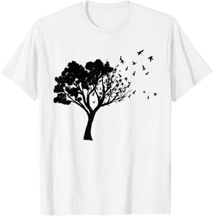 Black Tree And Birds Flying Away Free In Nature Silhouette T-Shirt - T-Shirt | White
