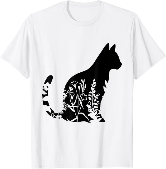Cute Cat Shirt, Cat Shirt, Floral Cat Shirt, Cat Lover Women T-Shirt - T-Shirt | White