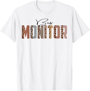 Leopard Bus Monitor Funny Job Title School Worker T-Shirt - T-Shirt | White