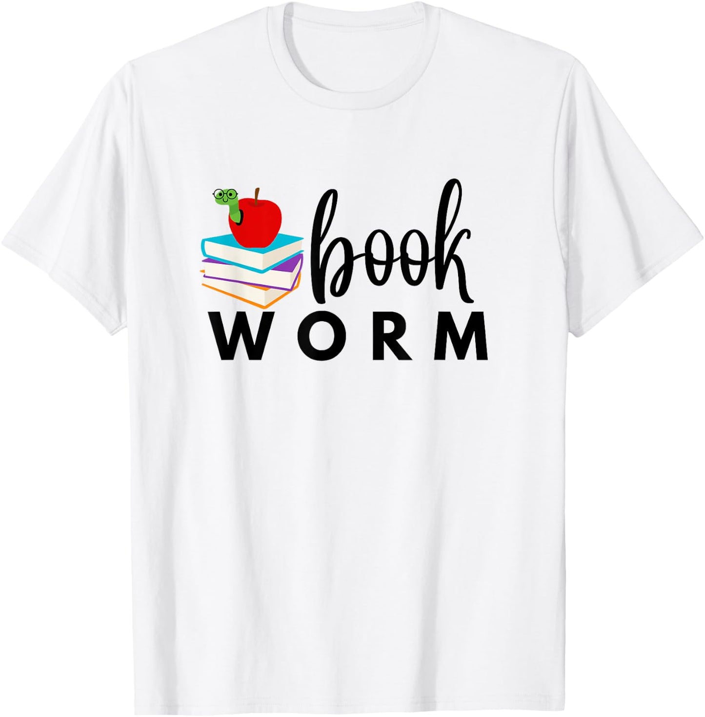 BOOKWORM with Books and Apple Colorful Graphic T-Shirt - T-Shirt | White