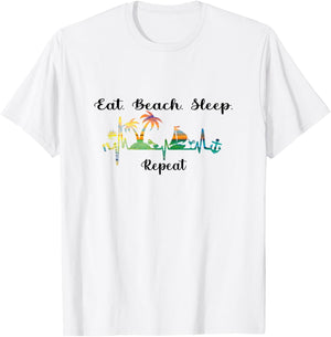 Eat Sleep Beach Repeat Summer Tropical Vacation Beach 2021 T-Shirt - T-Shirt | White