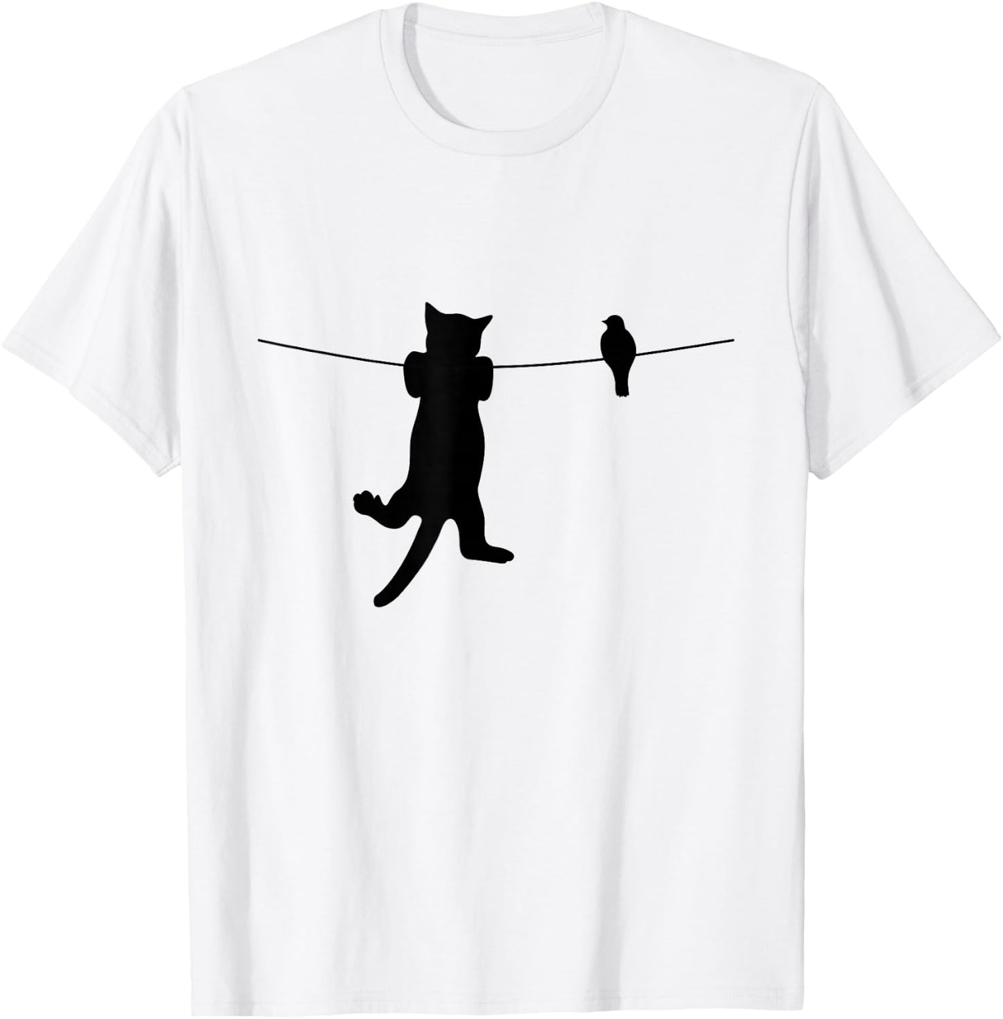 Bird Cat on a Wire Worst Enemies Besties Friends Silhouette T-Shirt - T-Shirt | White
