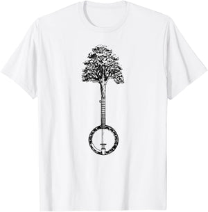 Banjo Tree Minimalist Design Vintage Nature & Music Graphic T-Shirt - T-Shirt | White