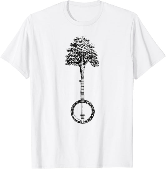 Banjo Tree Minimalist Design Vintage Nature & Music Graphic T-Shirt - T-Shirt | White
