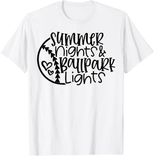 Summer Nights And Ballpark Lights Women Baseball Heart Quote T-Shirt - T-Shirt | White