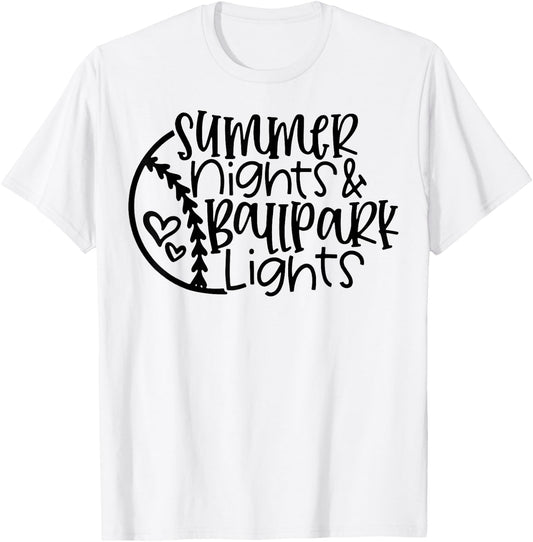 Summer Nights And Ballpark Lights Women Baseball Heart Quote T-Shirt - T-Shirt | White