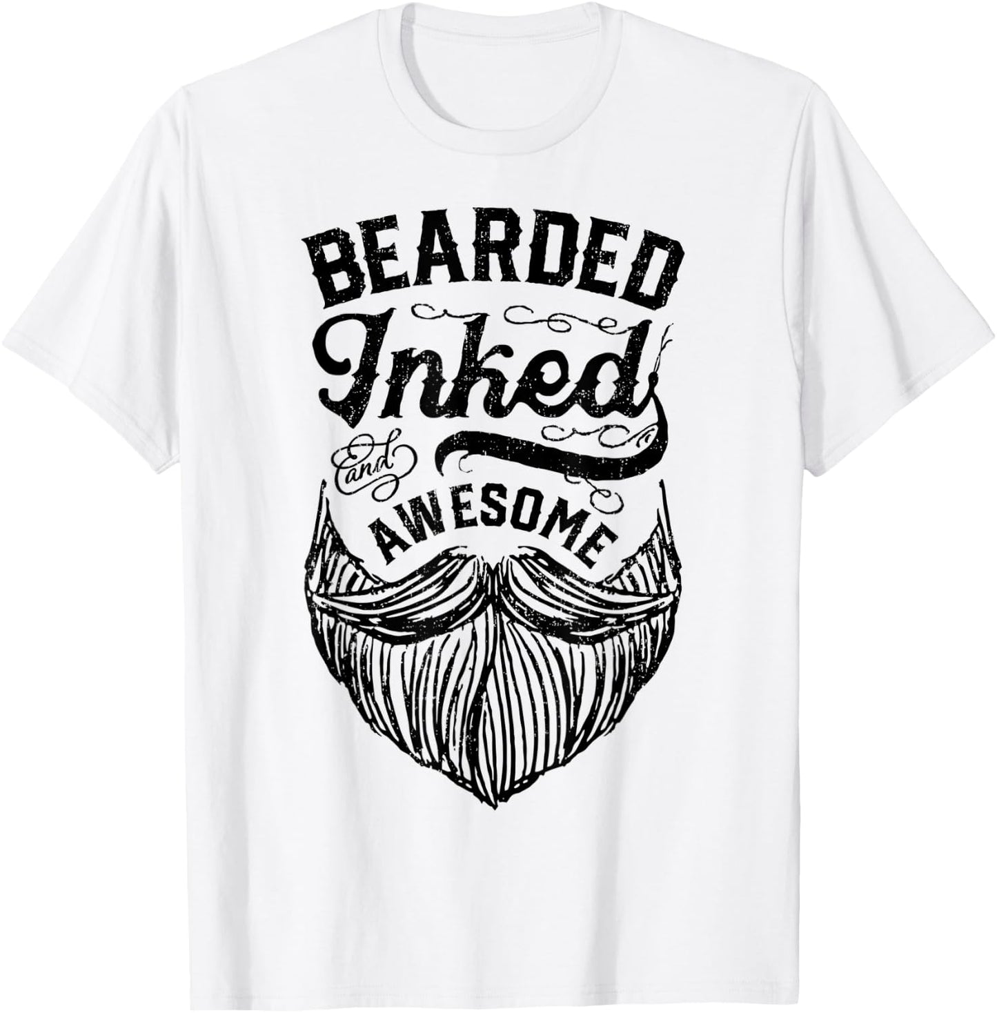 Bearded Inked And Awesome Beard Men Dad Tattoo Lover Gifts T-Shirt - T-Shirt | White