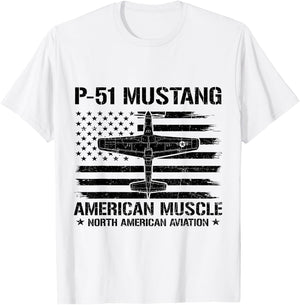 P-51 Mustang American Muscle Flag USA NAA P-51D WW2 Fighter T-Shirt - T-Shirt | White