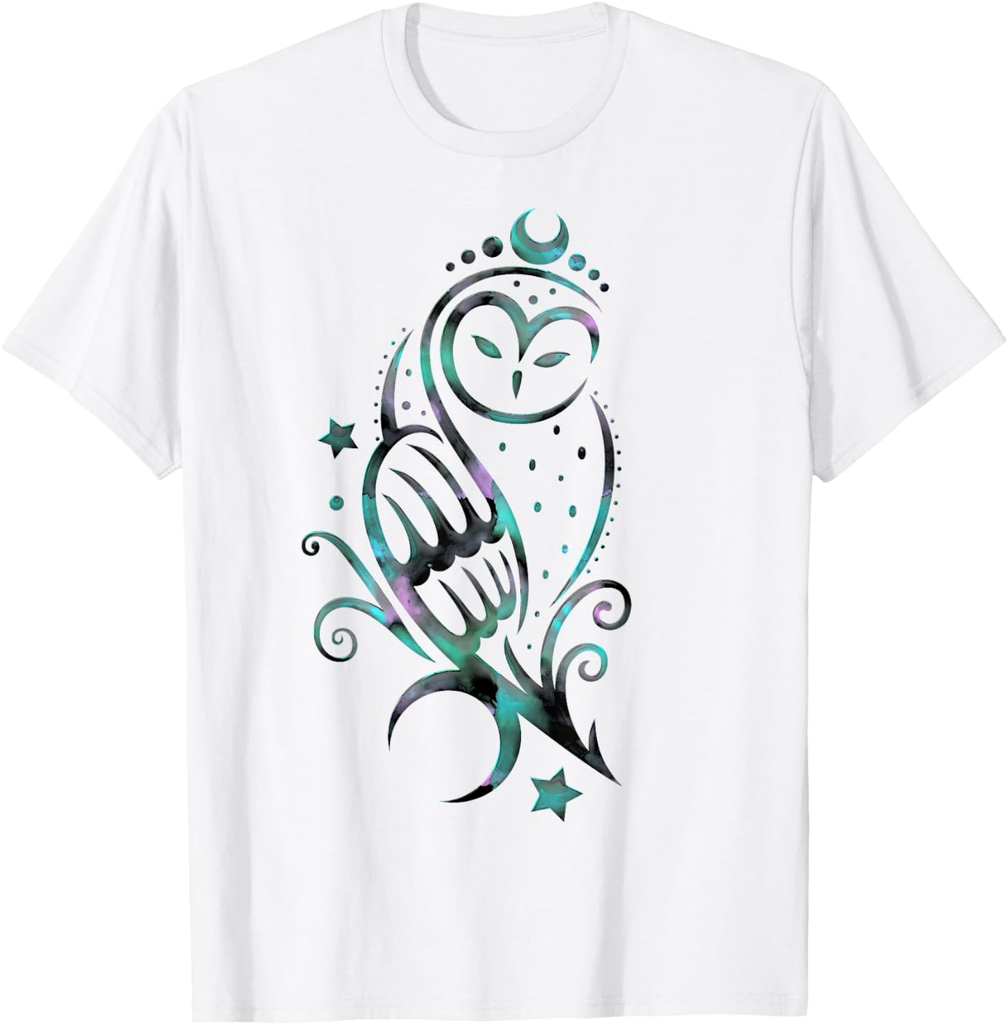 Moon Owl Watercolor Style Magic Owl with Moons and Stars T-Shirt - T-Shirt | White