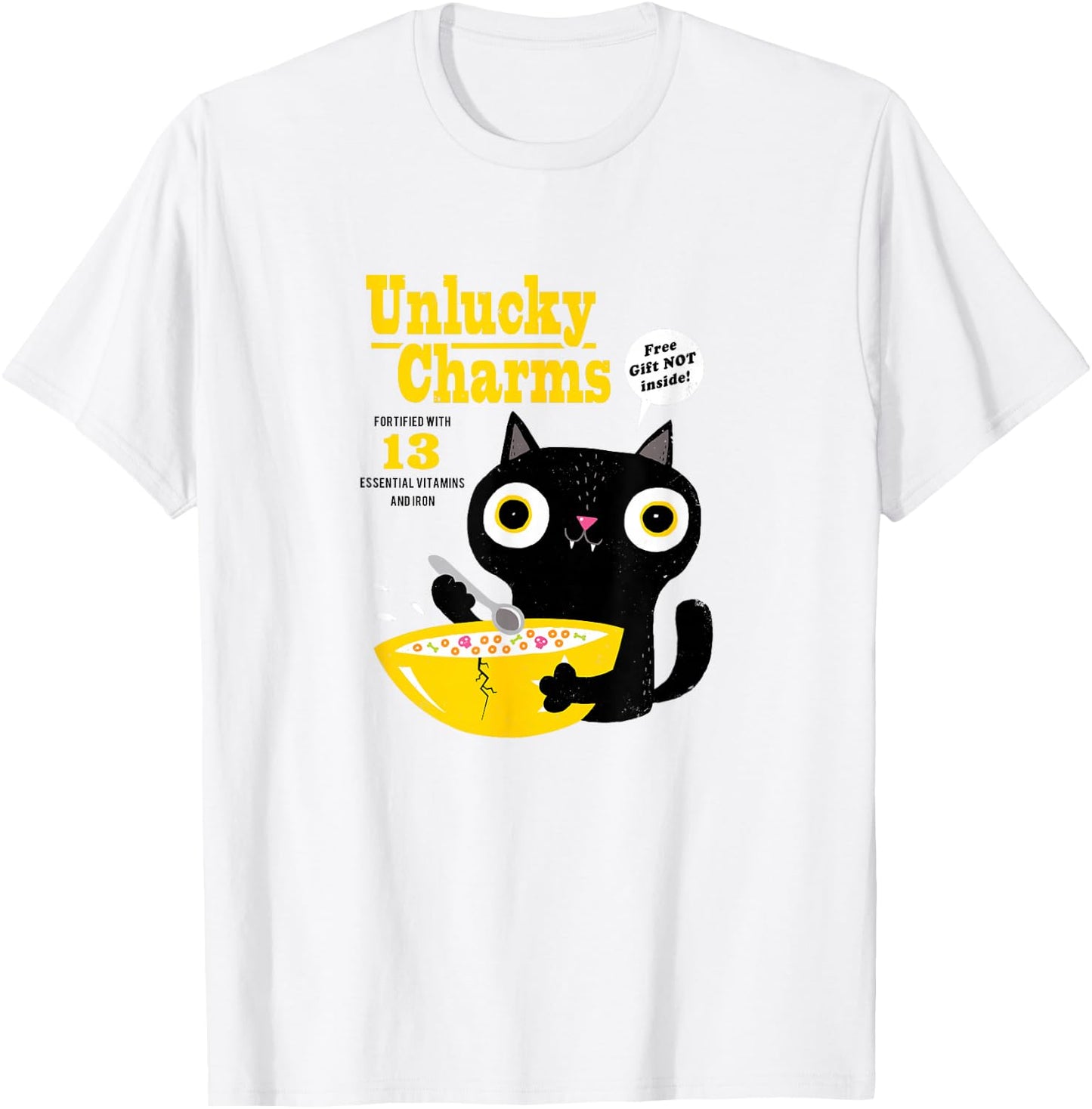 Funny Cat Cereal: Unlucky Charms-Official DinoMike Design T-Shirt - T-Shirt | White