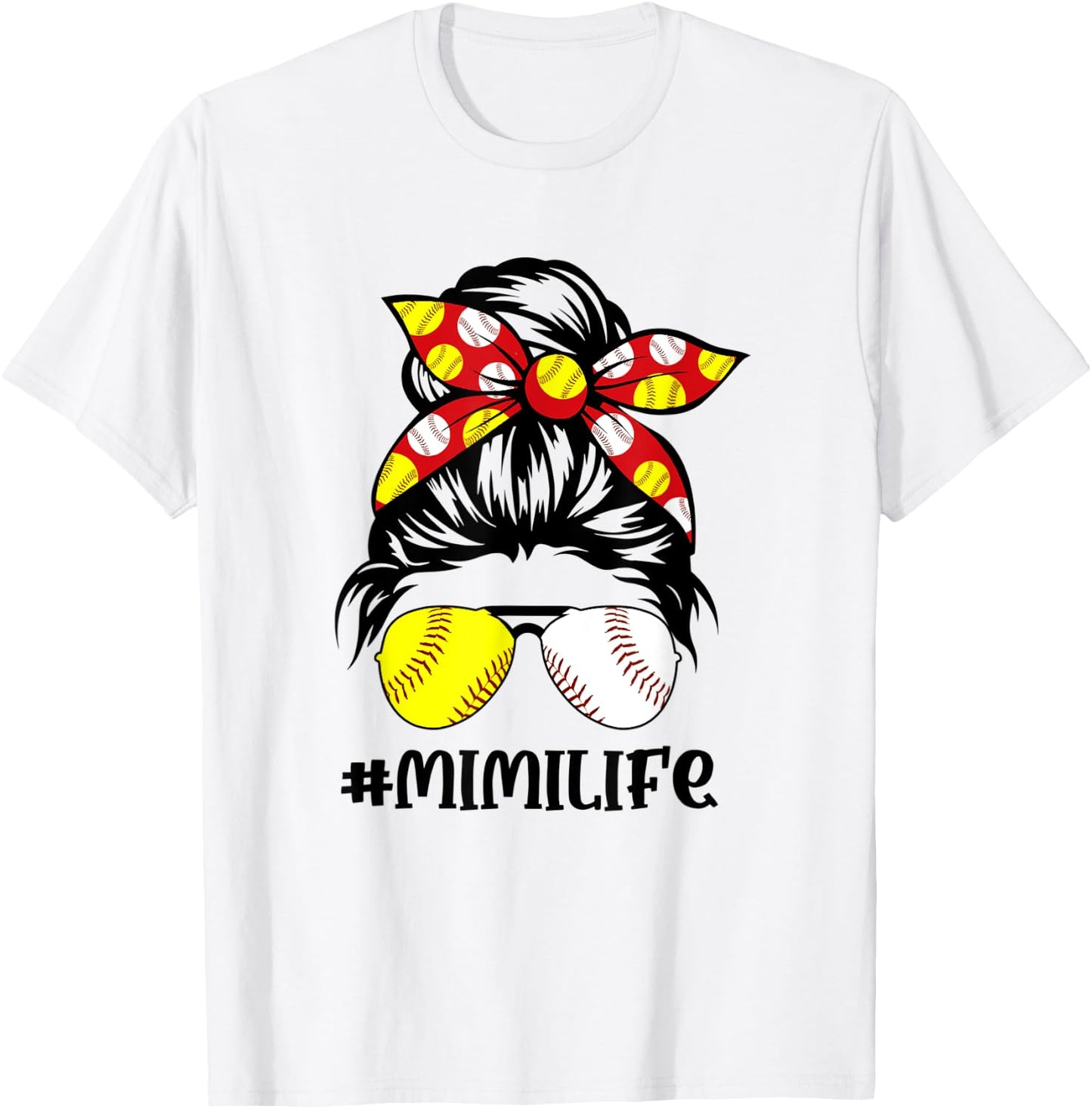 Messy Bun Mimi Life Softball Baseball Mother's Day T-Shirt - T-Shirt | White