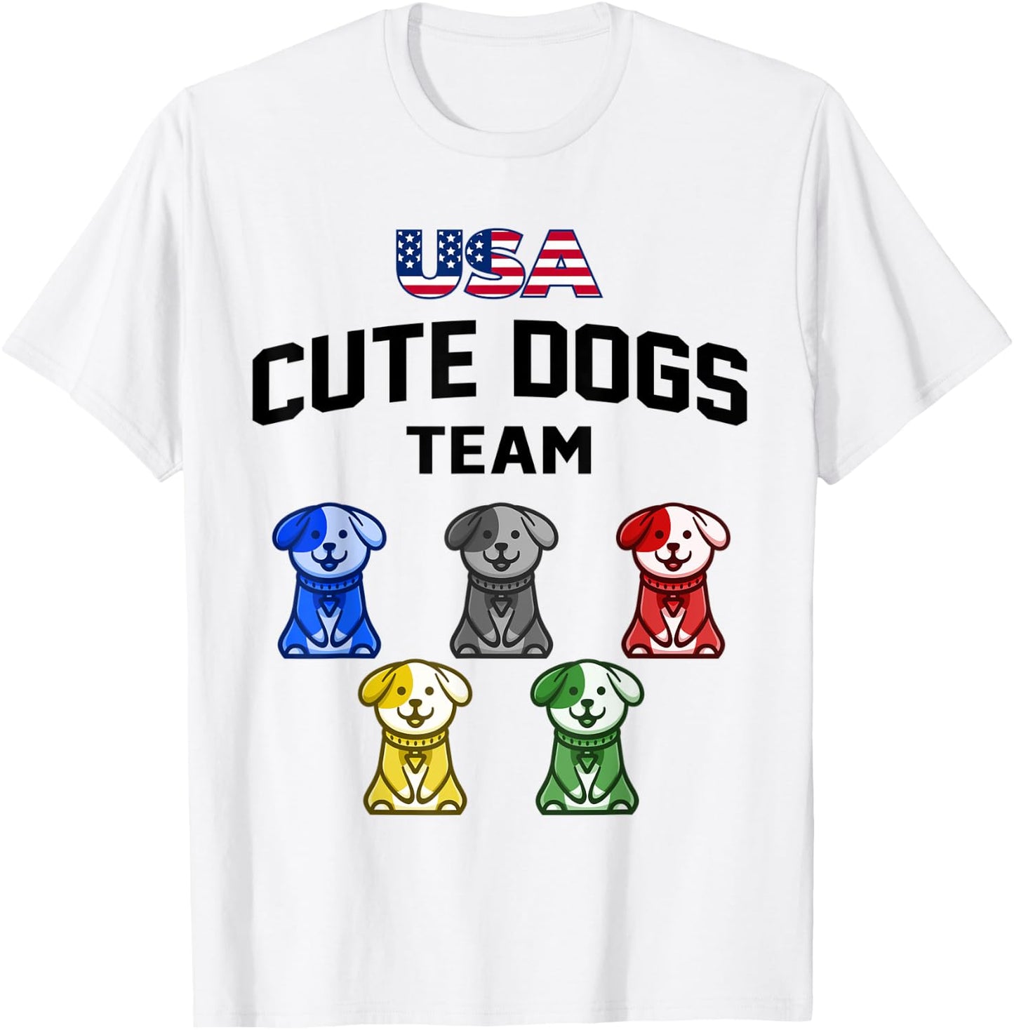Funny Cute Dogs USA Puppy Team 5 Rings Colors Flag T-Shirt - T-Shirt | White