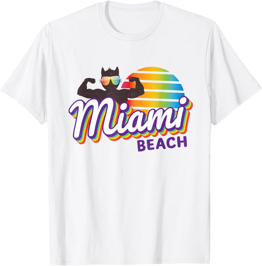 Miami Muscle Cool Retro Cat Weight Lifter MIA (Miami) Cat T-Shirt - T-Shirt | White